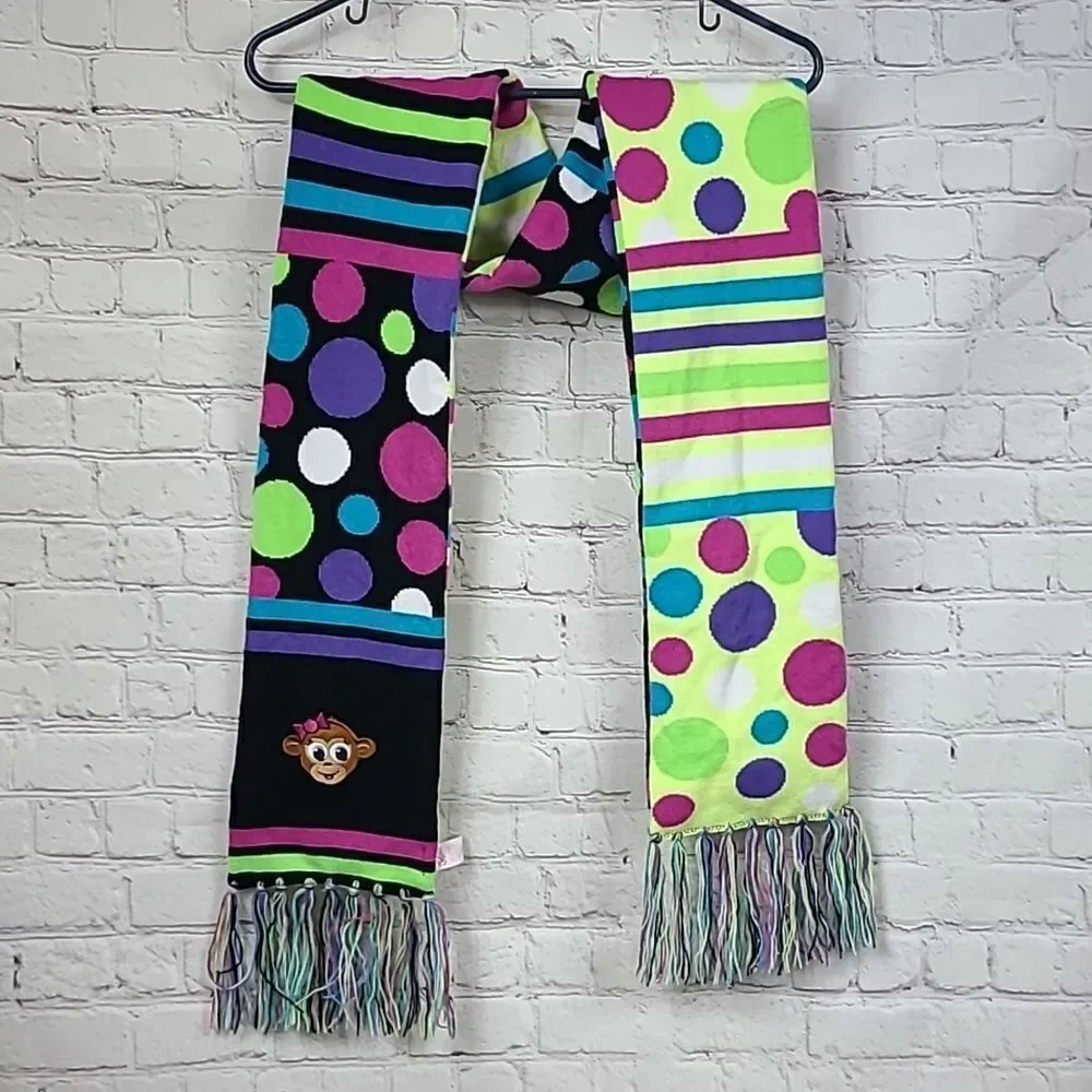 Justice Colorful Reversible Knit Fringe Trim Monkey Embroidered Long Scarf Dots